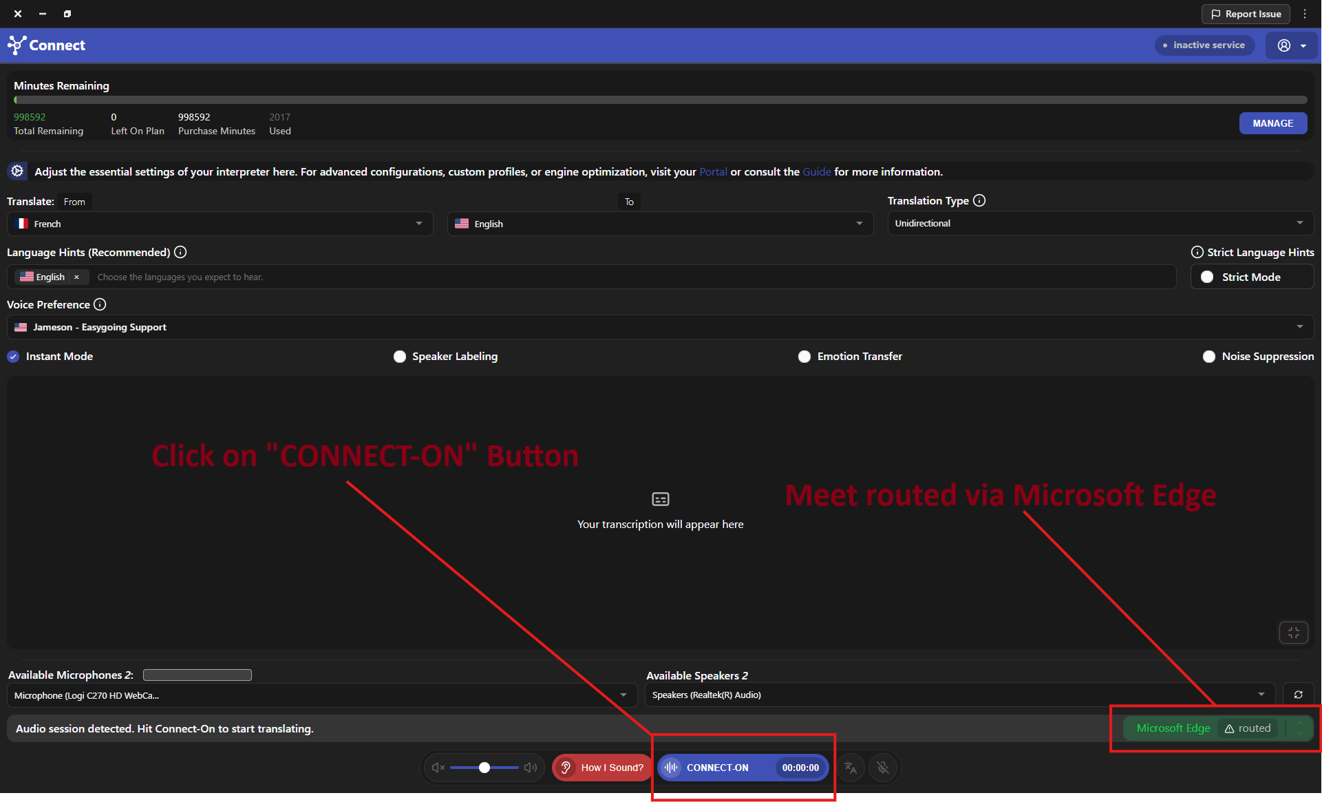 Connect showing Google Meet routed and ready, with the CONNECT-ON button
