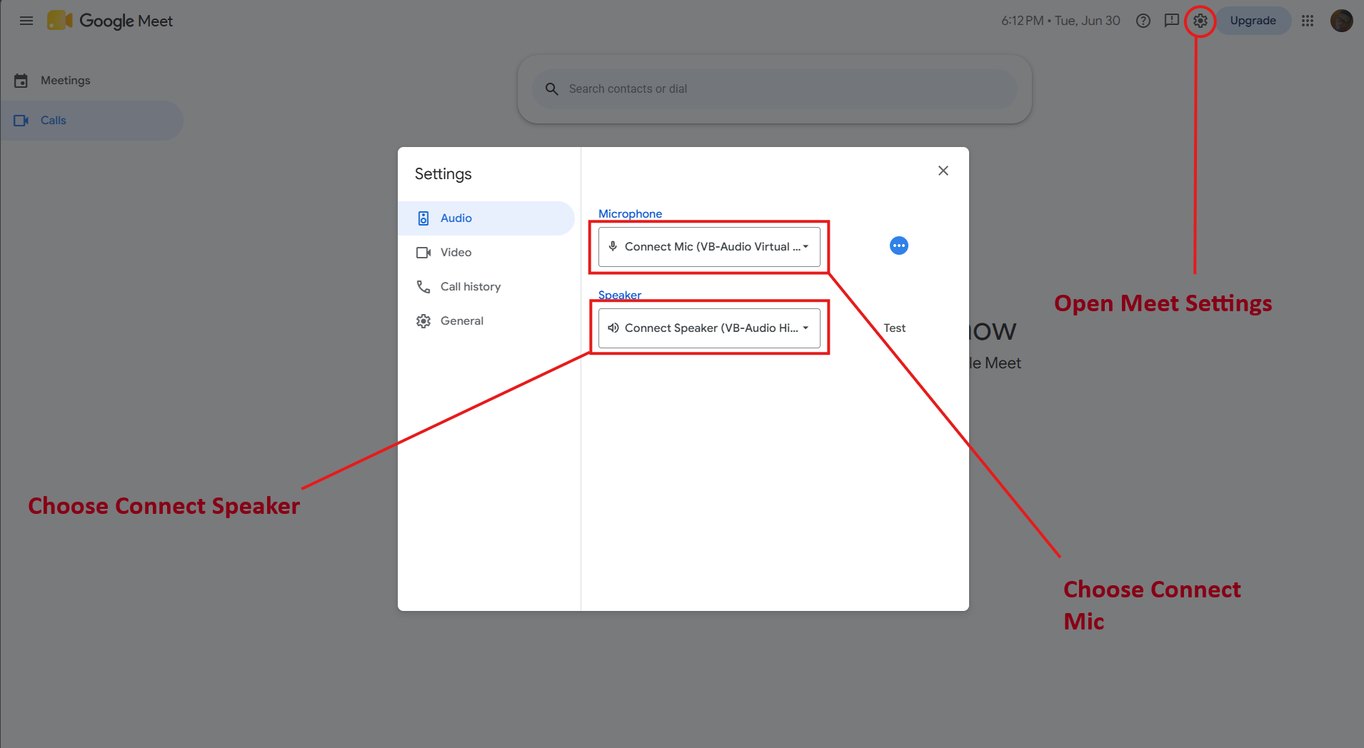 Google Meet audio settings with Connect Mic and Connect Speaker selected