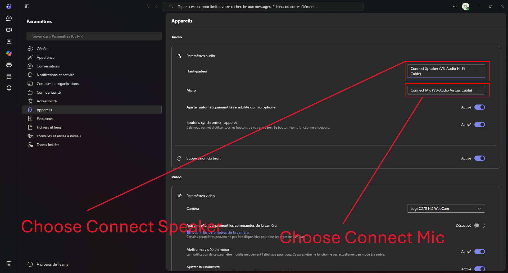 Configurações de dispositivos do Teams com Connect Mic e Connect Speaker selecionados