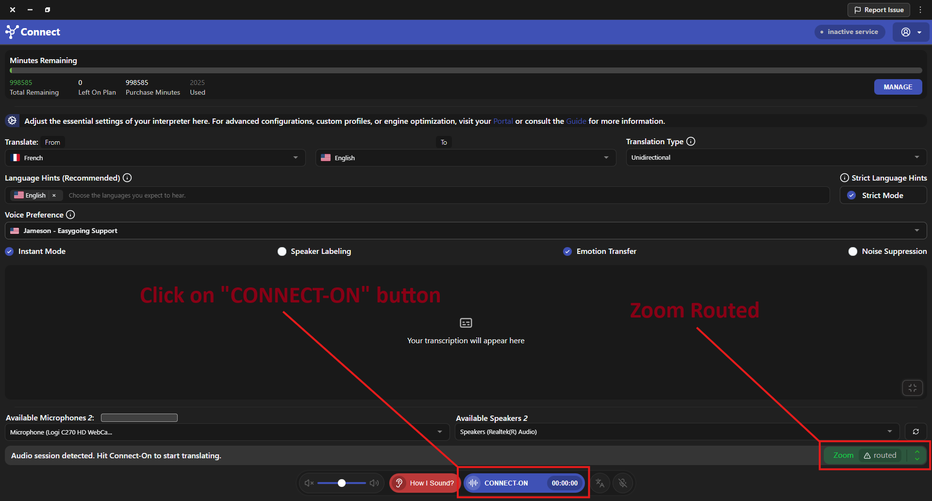Connect showing Zoom routed and ready, with the CONNECT-ON button
