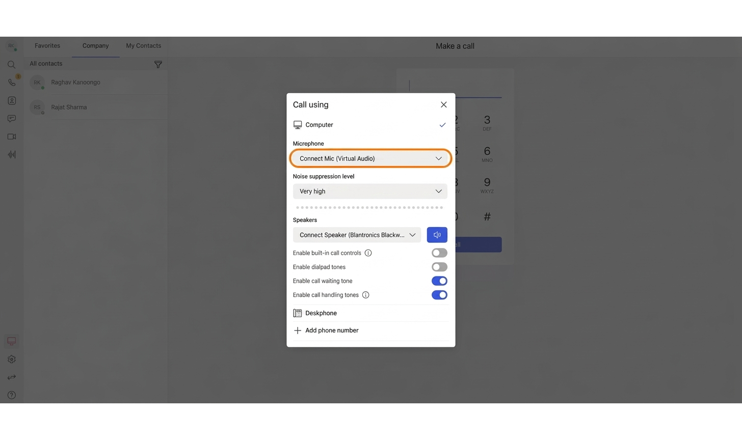 8x8 Work Call using panel with Connect Mic and Connect Speaker selected