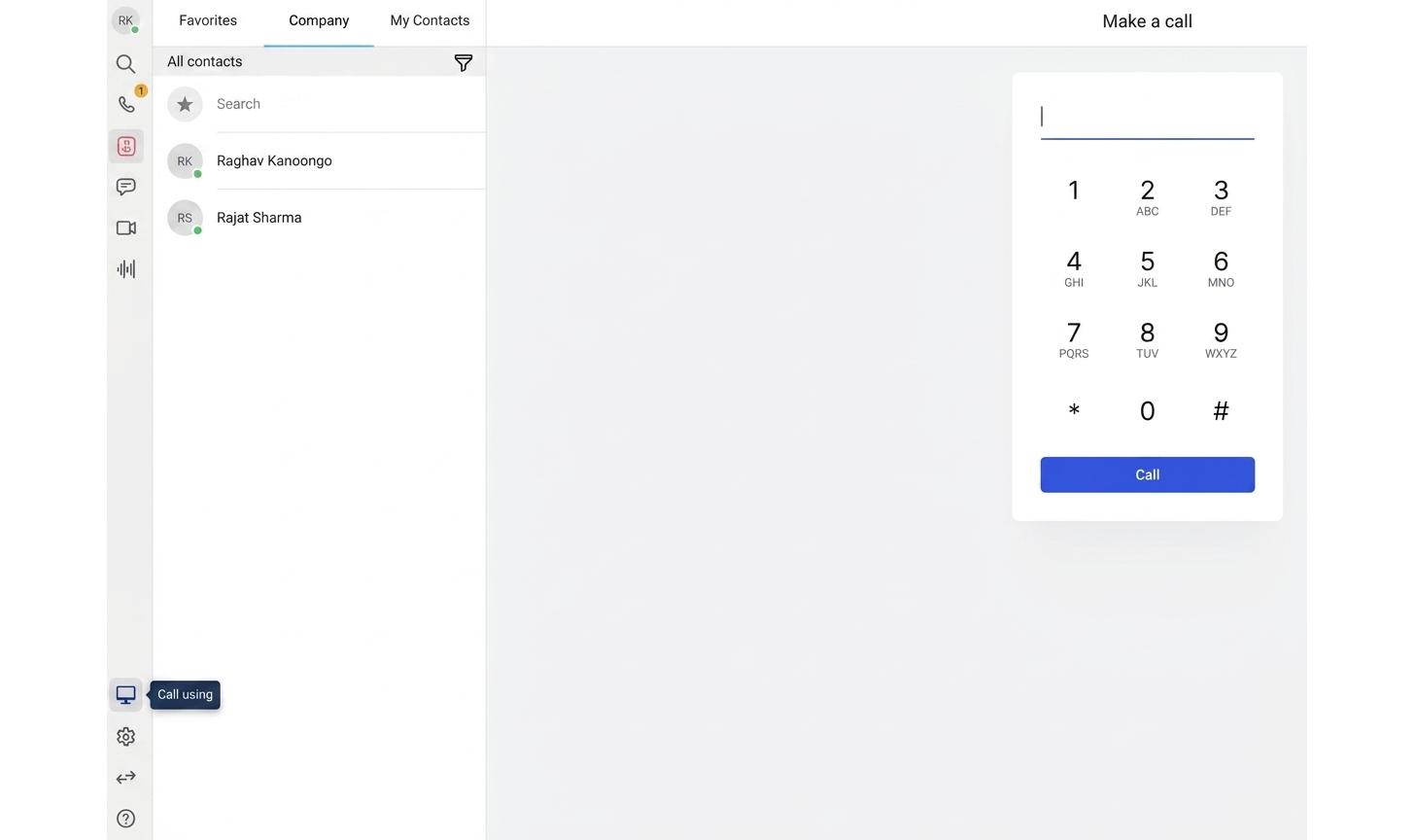 8x8 Work left navigation with Call using highlighted