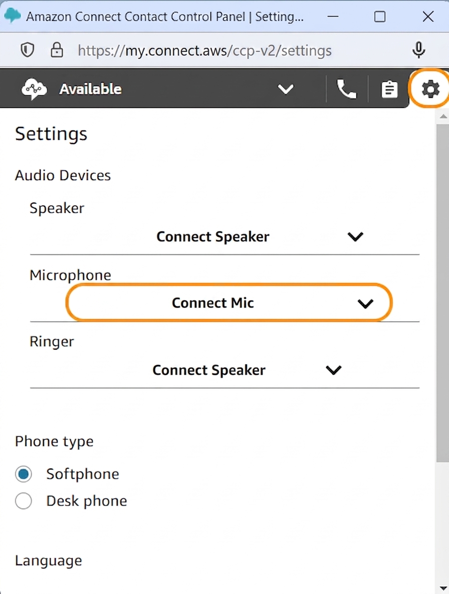 Amazon Connect Contact Control Panel settings with Connect Speaker and Connect Mic selected
