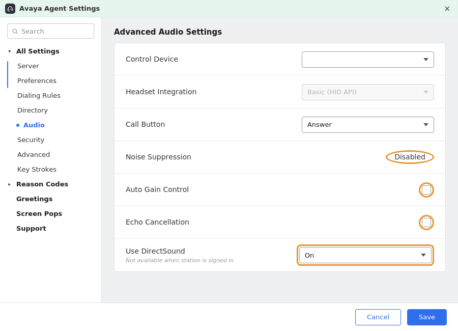 Avaya Agent Advanced Audio Settings with processing controls and DirectSound
