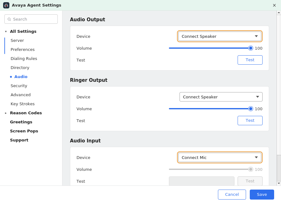 Avaya Agent Audio settings using Connect Mic and Connect Speaker