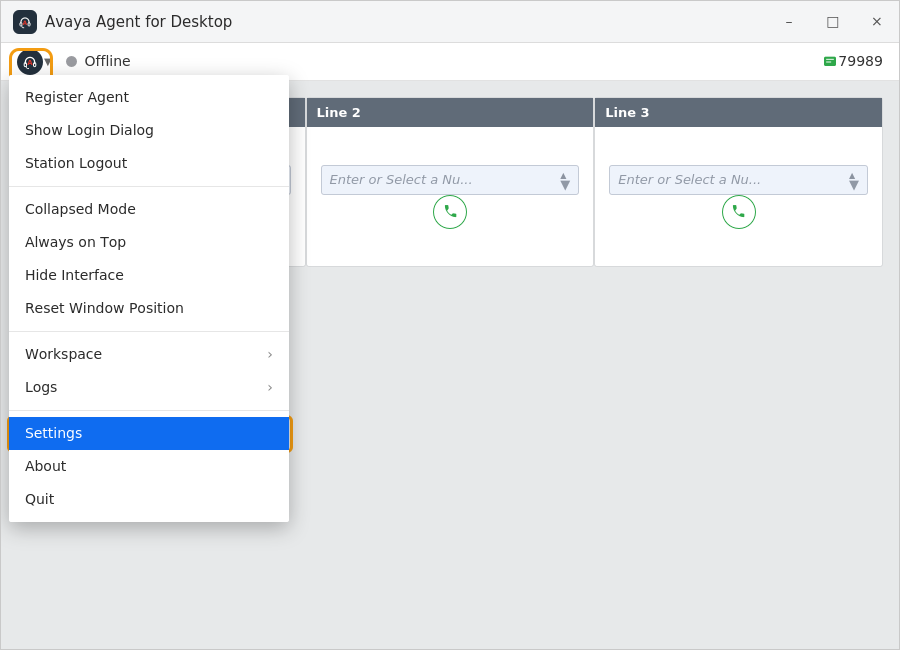 Avaya Agent application menu with Settings selected