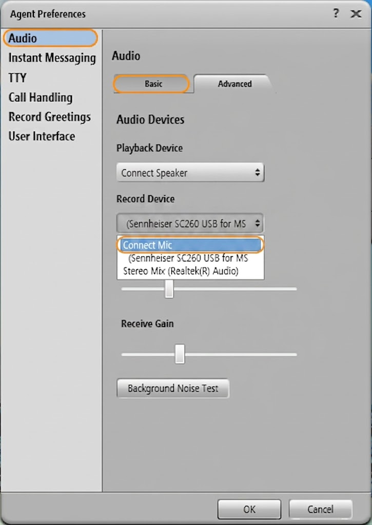Avaya one-X Agent Basic Audio settings with Connect Mic as Record Device