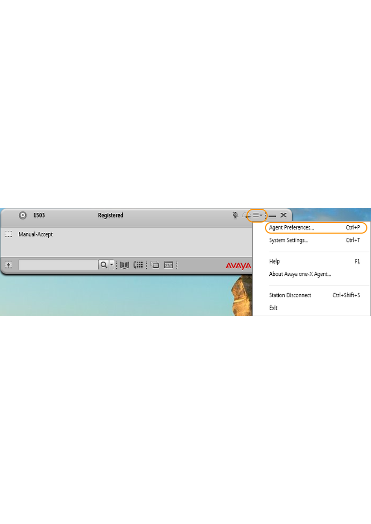 Avaya one-X Agent menu with Agent Preferences highlighted