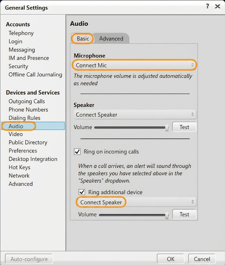 Avaya one-X Communicator Basic Audio settings with Connect devices