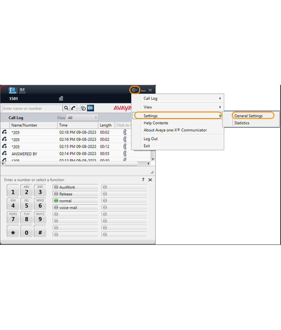 Avaya one-X Communicator Settings menu with General Settings highlighted