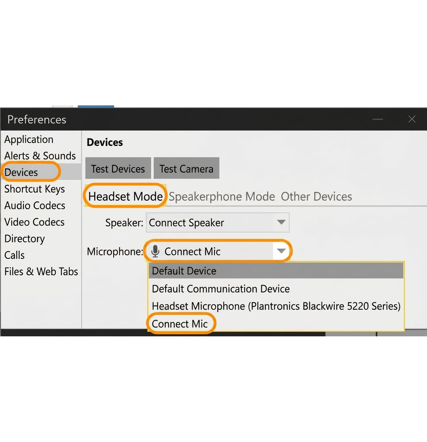 Bria 4 Devices preferences with Headset Mode and Connect Mic selected