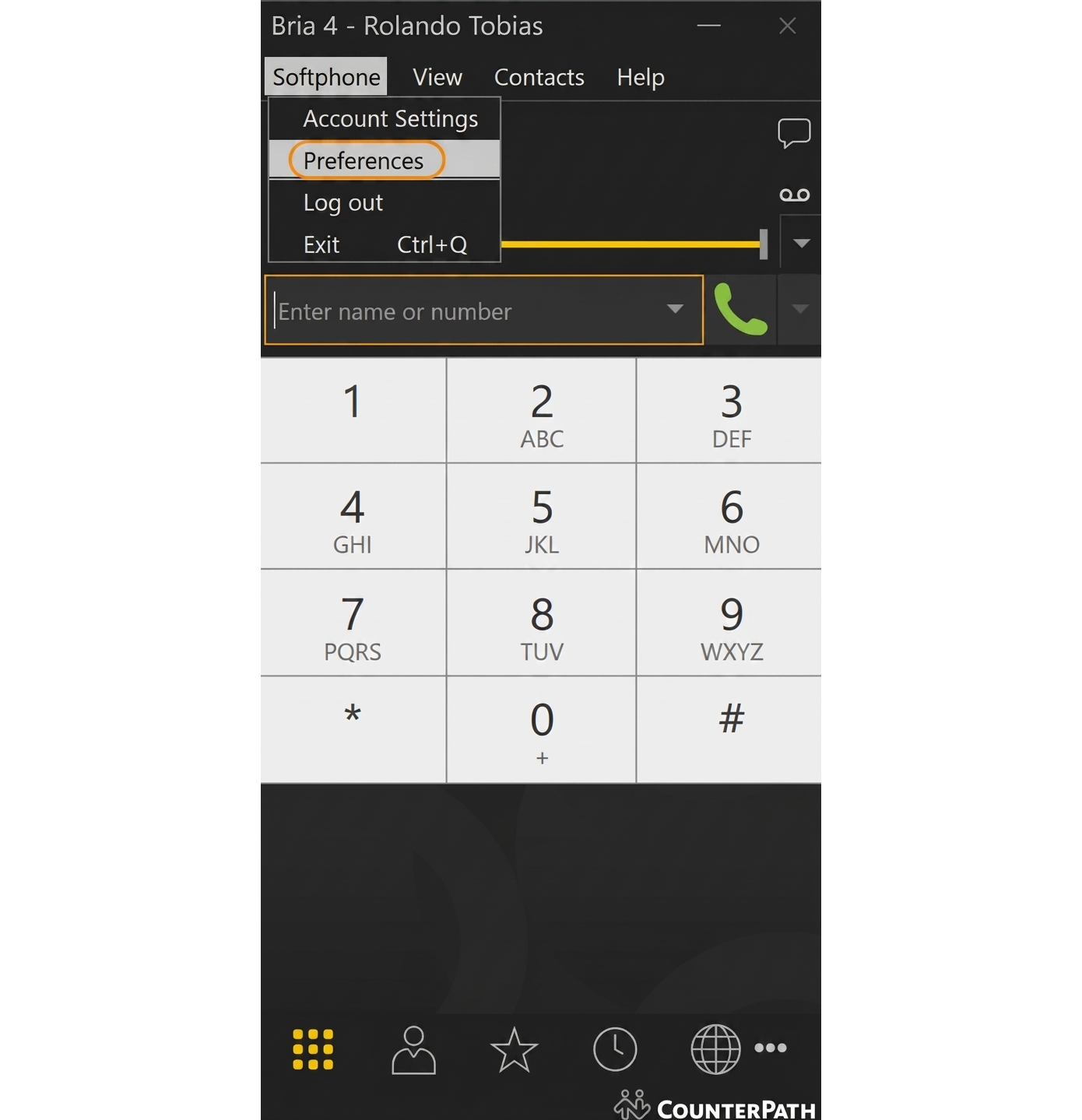 Bria 4 Softphone menu with Preferences highlighted