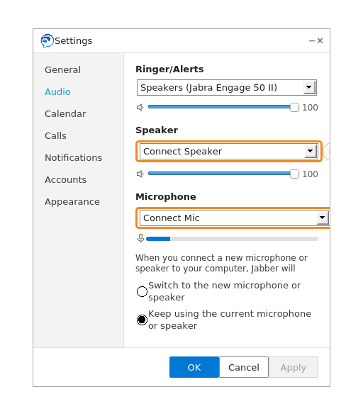 Cisco Jabber Audio settings with Connect Speaker and Connect Mic selected