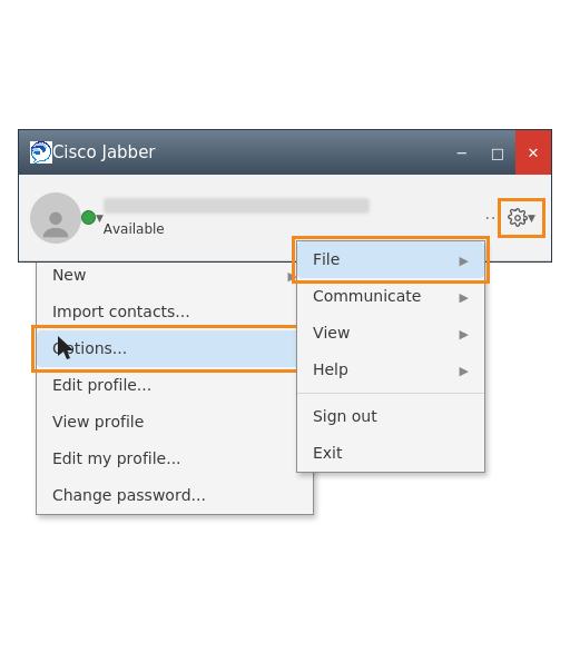 Cisco Jabber gear menu with File and Options highlighted