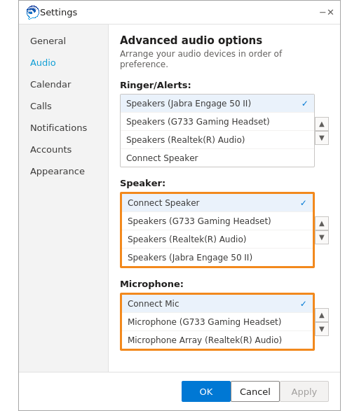 Cisco Jabber Advanced audio options with Connect devices prioritized