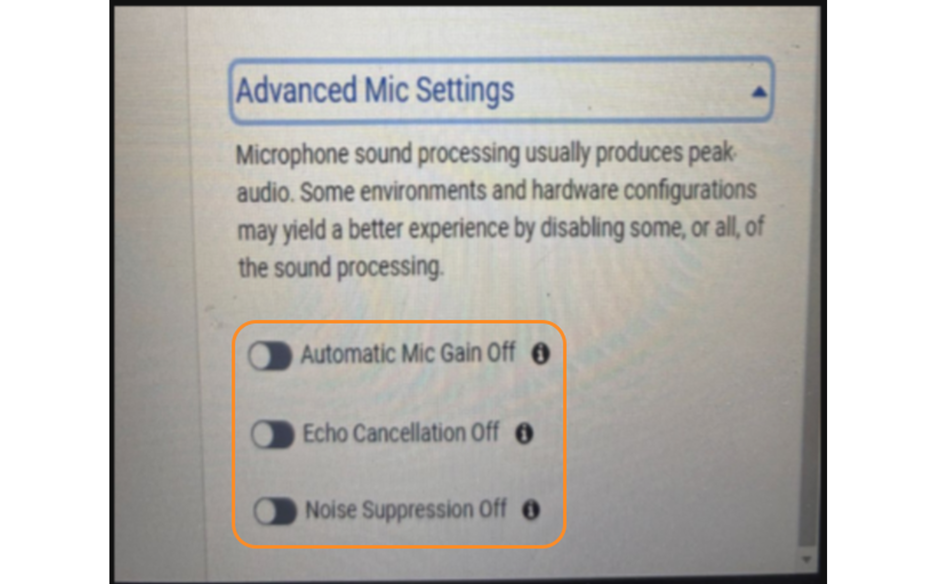 Genesys Activities Advanced Mic Settings with automatic gain, echo cancellation, and noise suppression disabled
