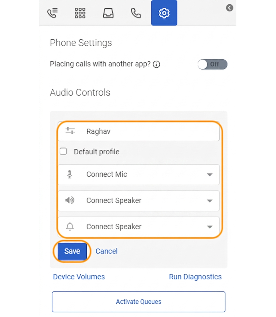 Genesys Cloud CX Phone Settings with a saved custom Connect audio profile