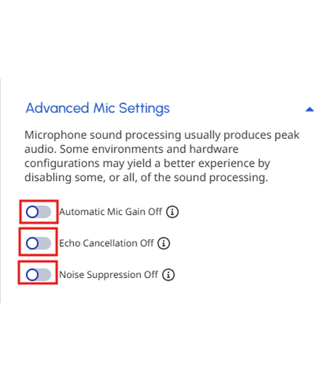 Genesys Cloud CX Advanced Mic Settings with automatic gain, echo cancellation, and noise suppression disabled