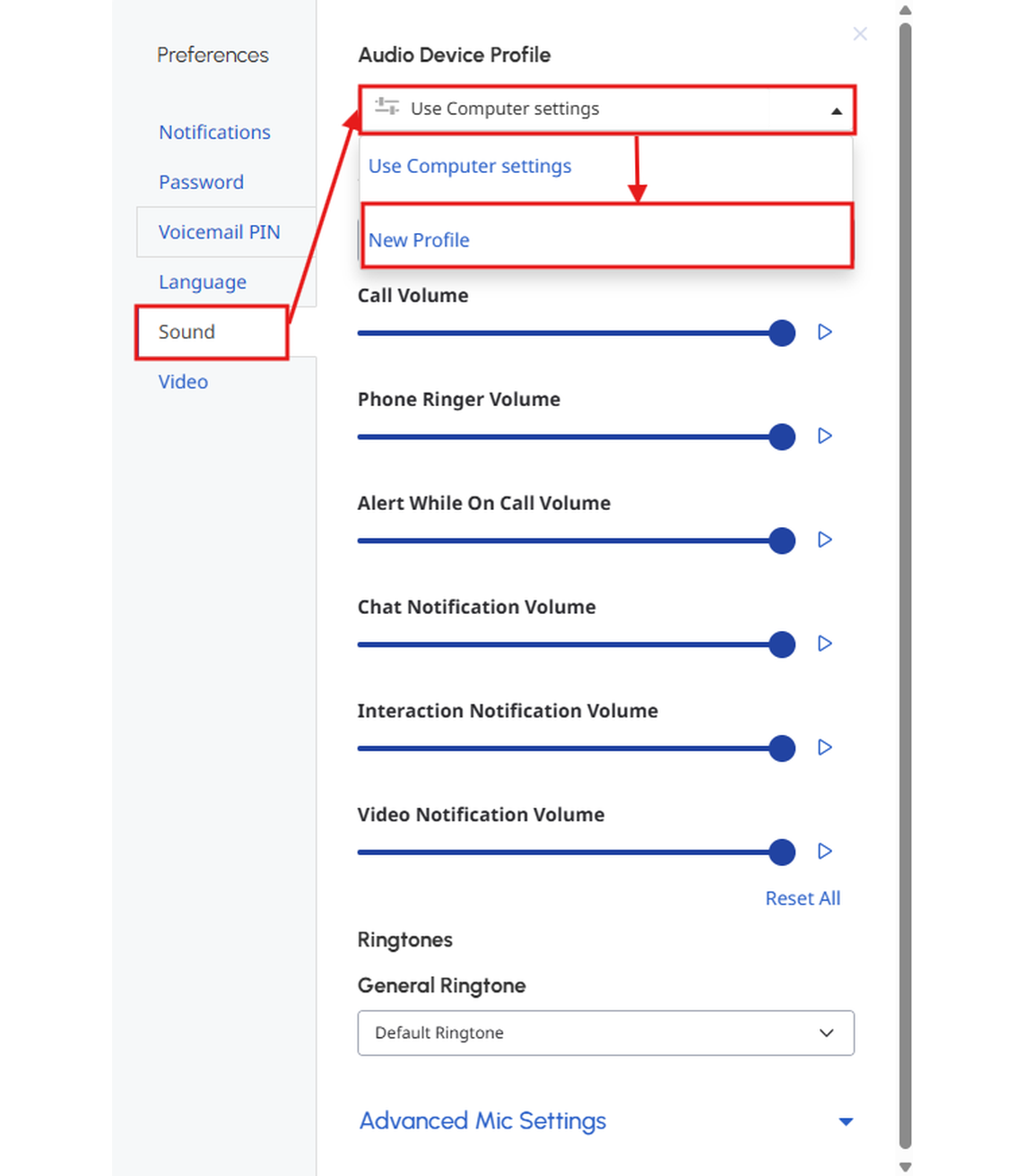 Genesys Cloud CX Sound preferences with New Profile selected