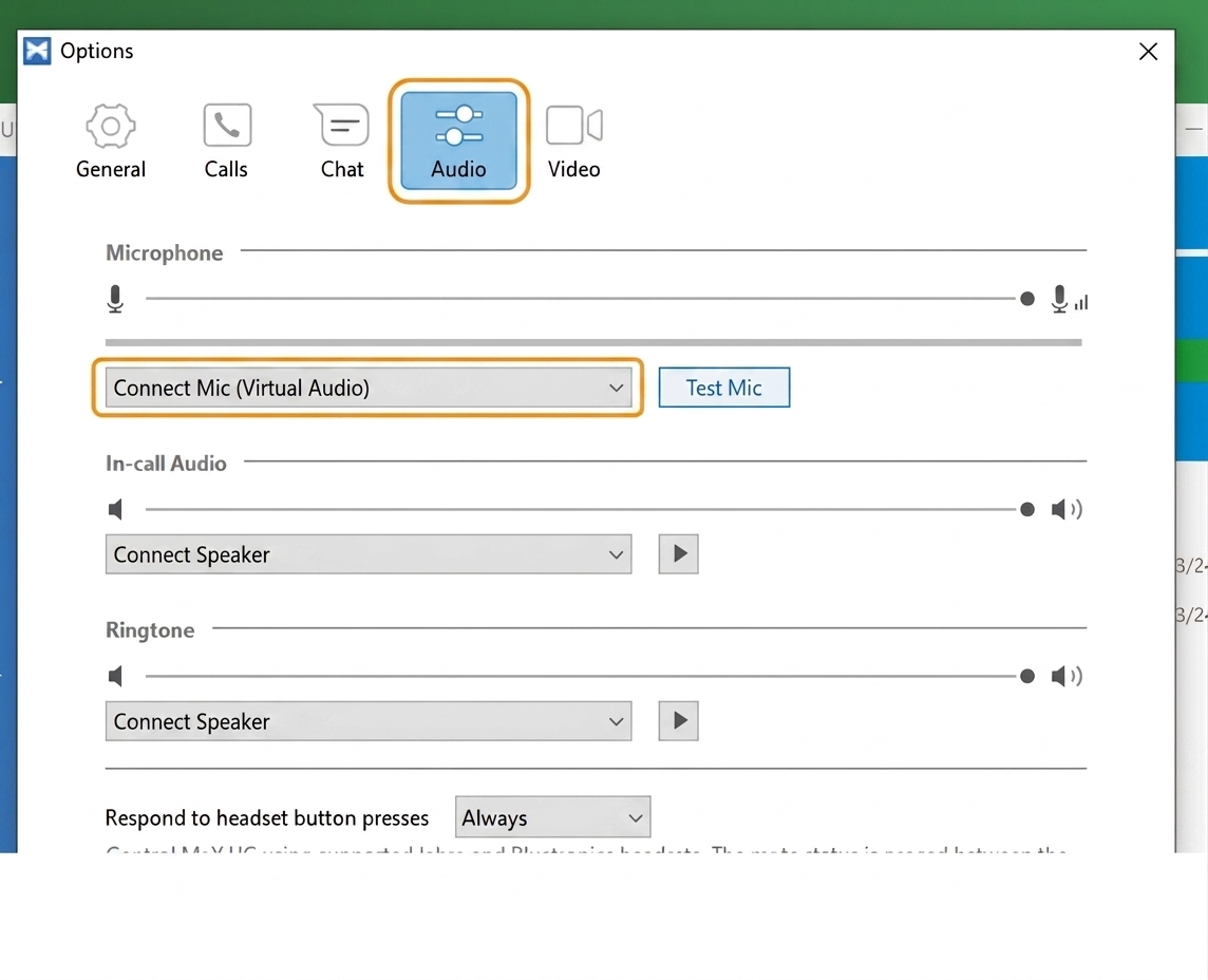 MaX UC Audio settings with Connect Mic and call output devices