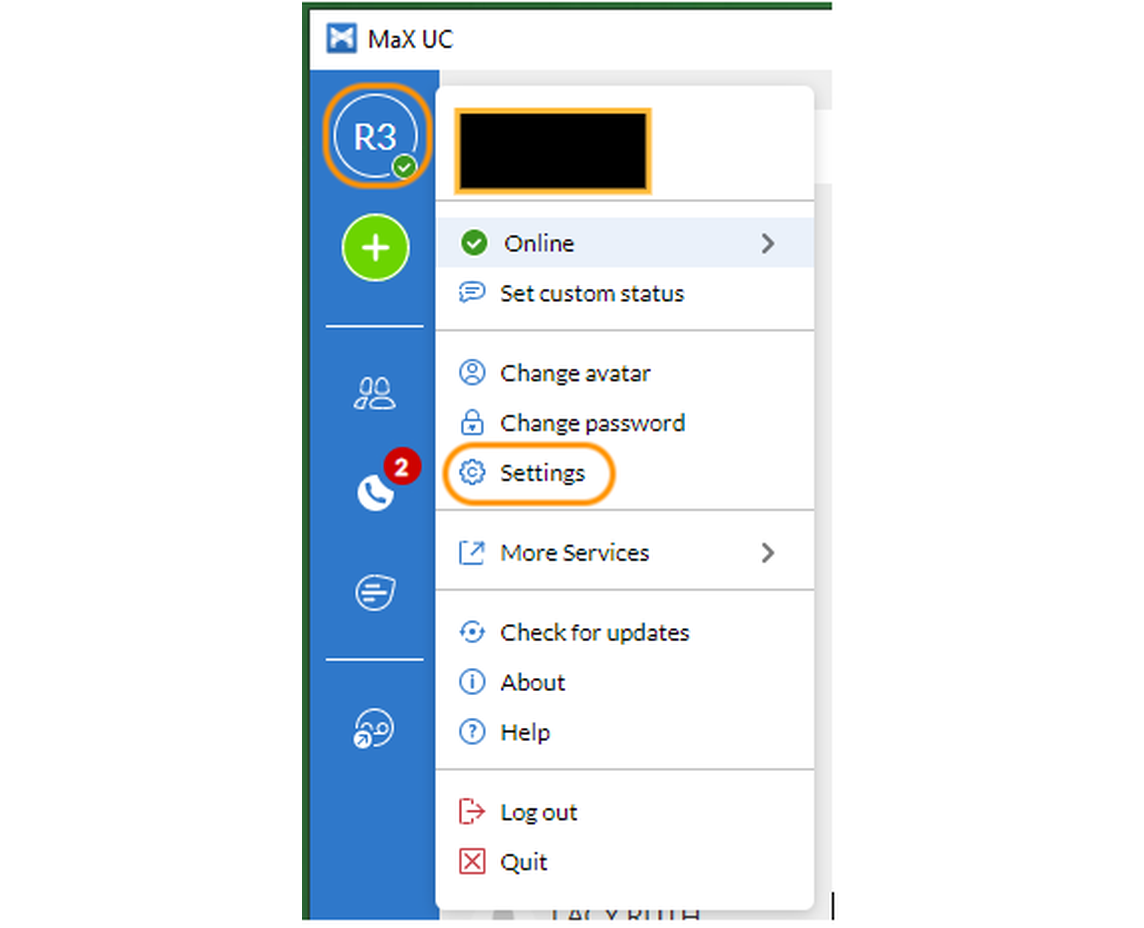 MaX UC profile menu with Settings highlighted