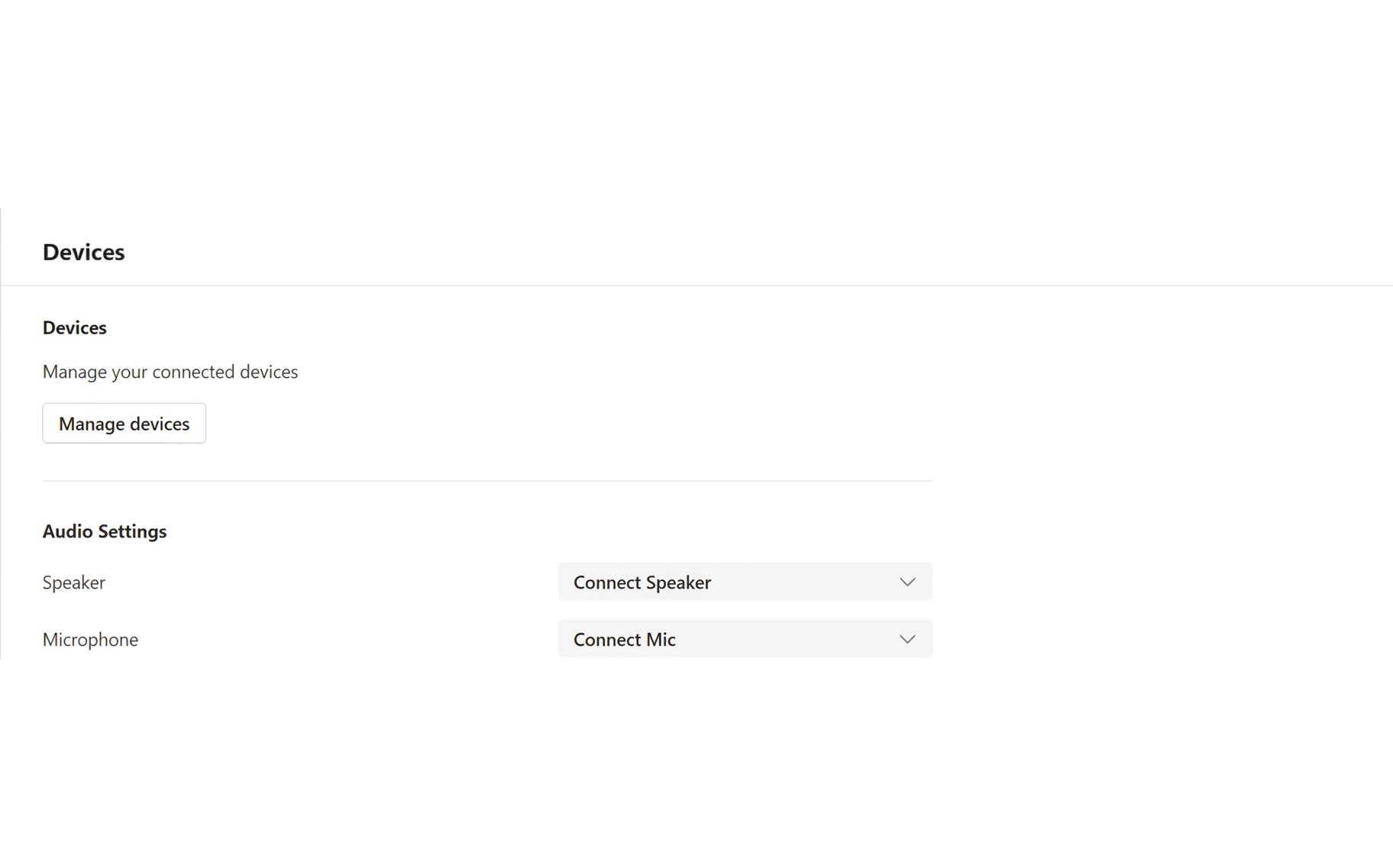 Microsoft Teams Audio Settings with Connect Speaker and Connect Mic selected