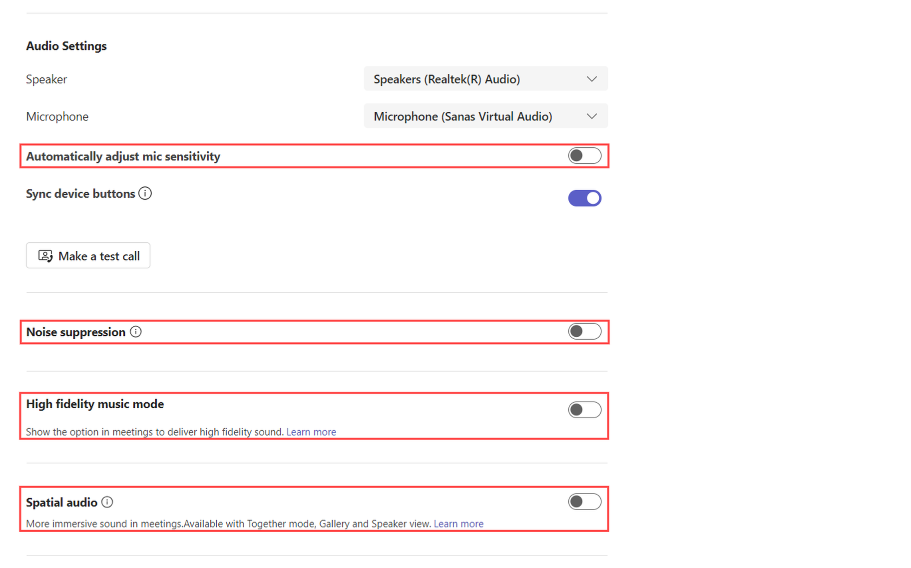 Microsoft Teams Audio Settings with microphone sensitivity, noise suppression, high fidelity music, and spatial audio disabled