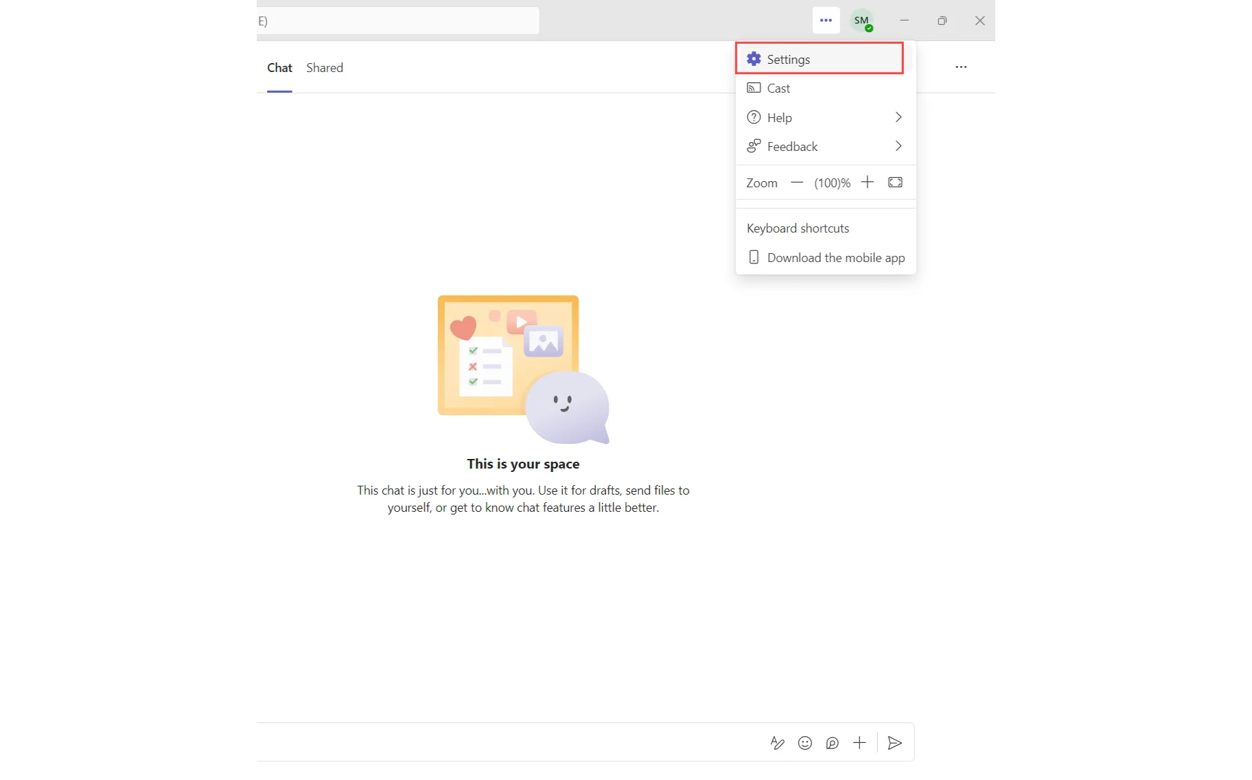 Microsoft Teams menu with Settings highlighted