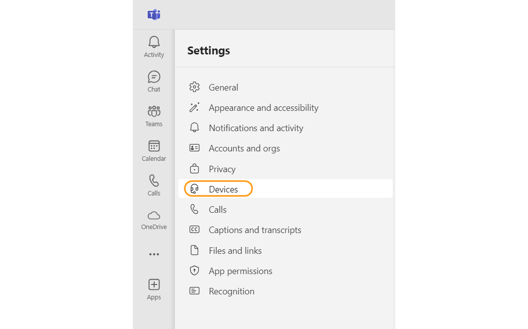 Microsoft Teams Settings navigation with Devices highlighted