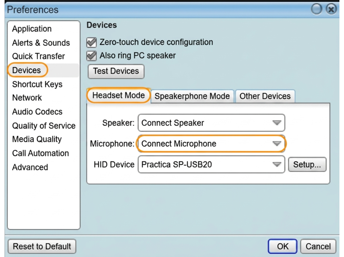 SIP softphone Devices preferences with Headset Mode and Connect devices selected