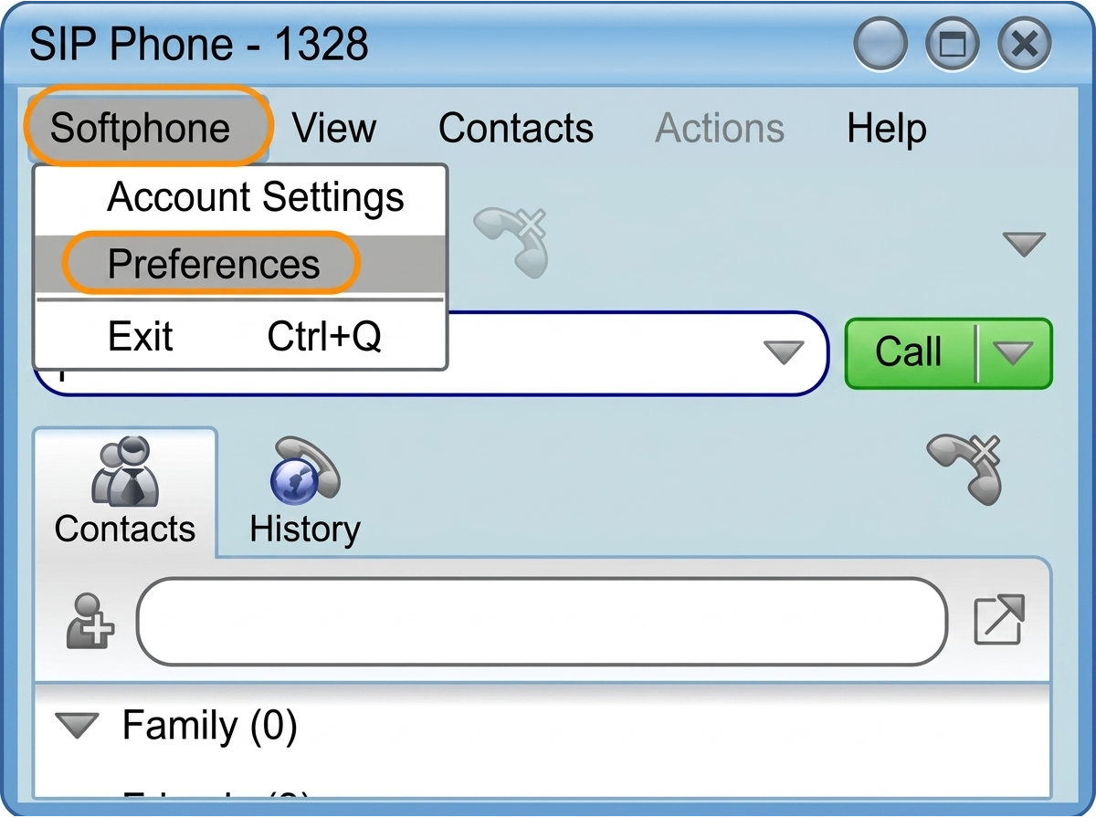 SIP softphone menu with Preferences highlighted