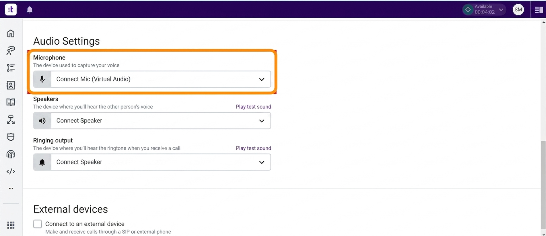 Talkdesk Audio Settings with Connect Mic and Connect Speaker selected