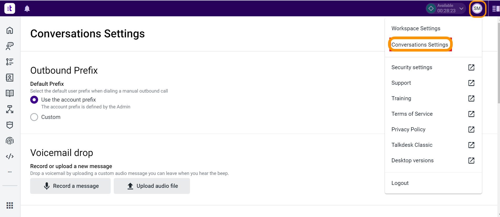 Talkdesk profile menu with Conversations Settings highlighted