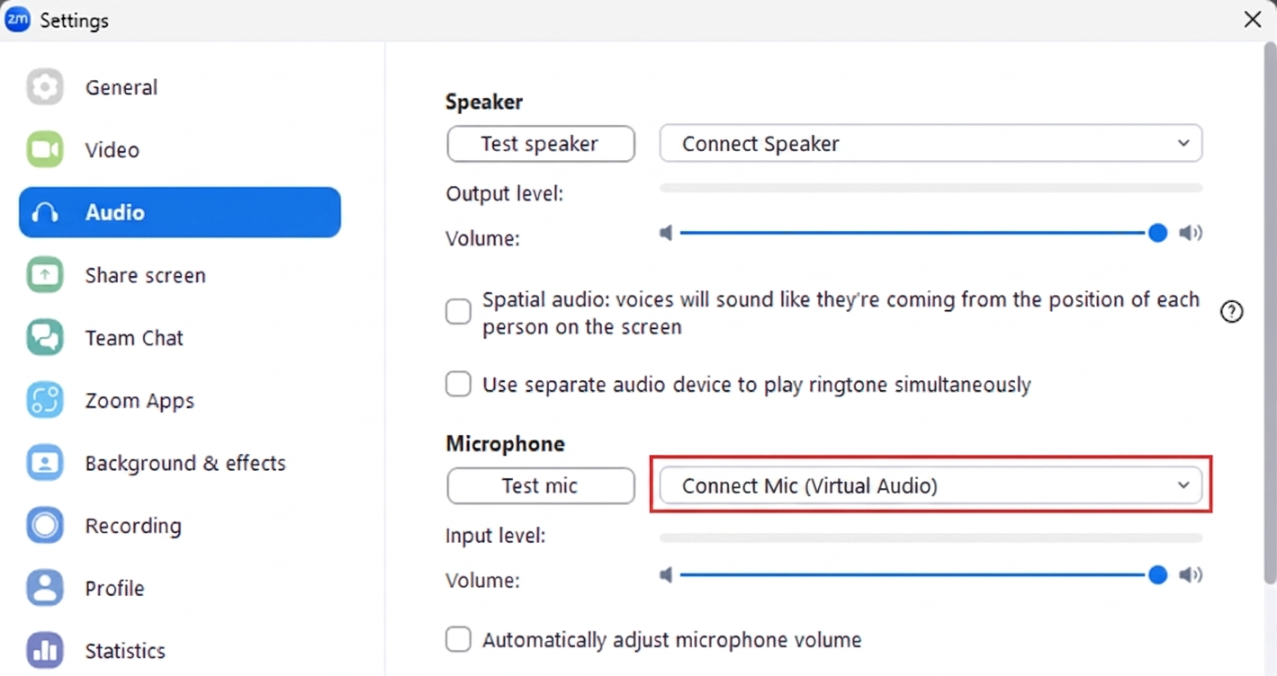 Zoom Audio settings with Connect Mic, Connect Speaker, and automatic microphone volume control