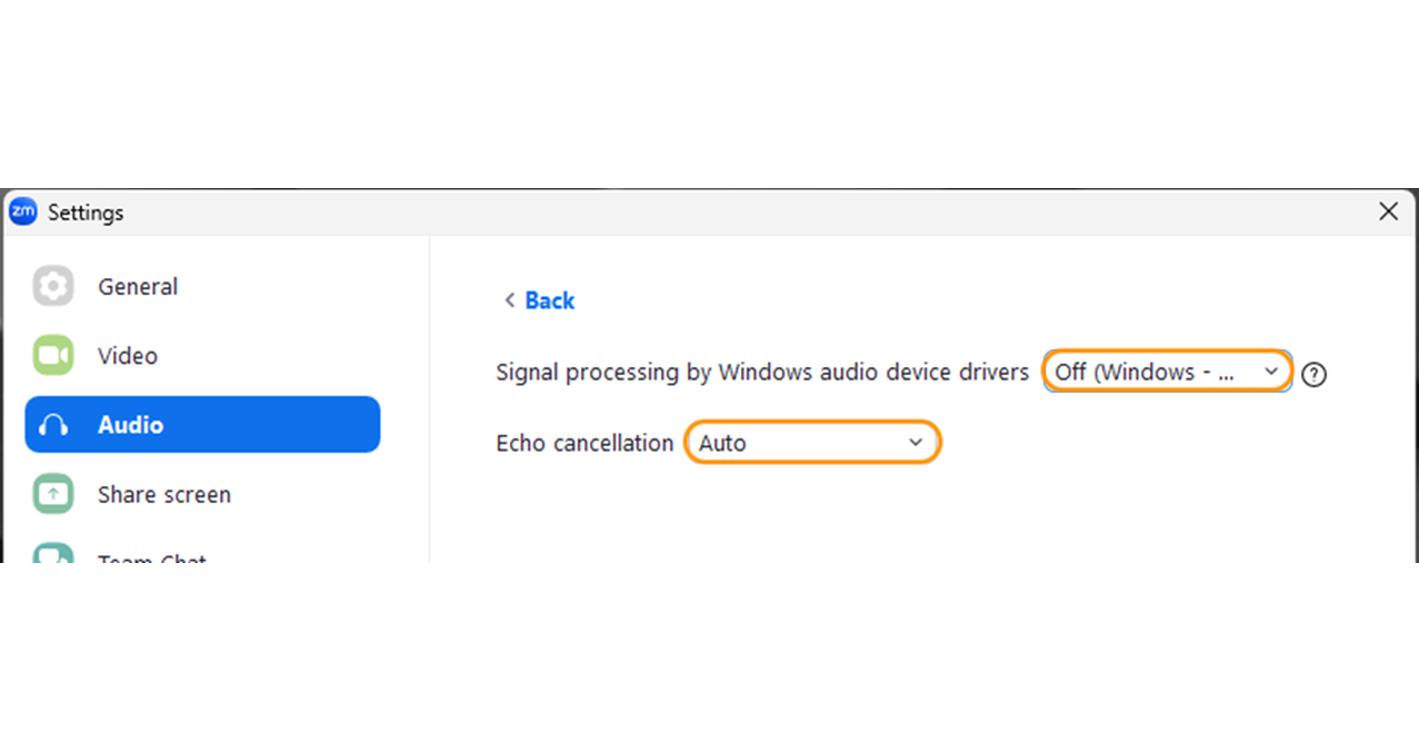 Zoom Advanced Audio settings with Windows signal processing off and echo cancellation on Auto