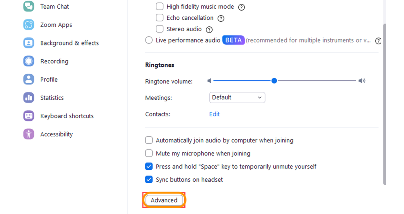 Zoom Audio settings with the Advanced button highlighted