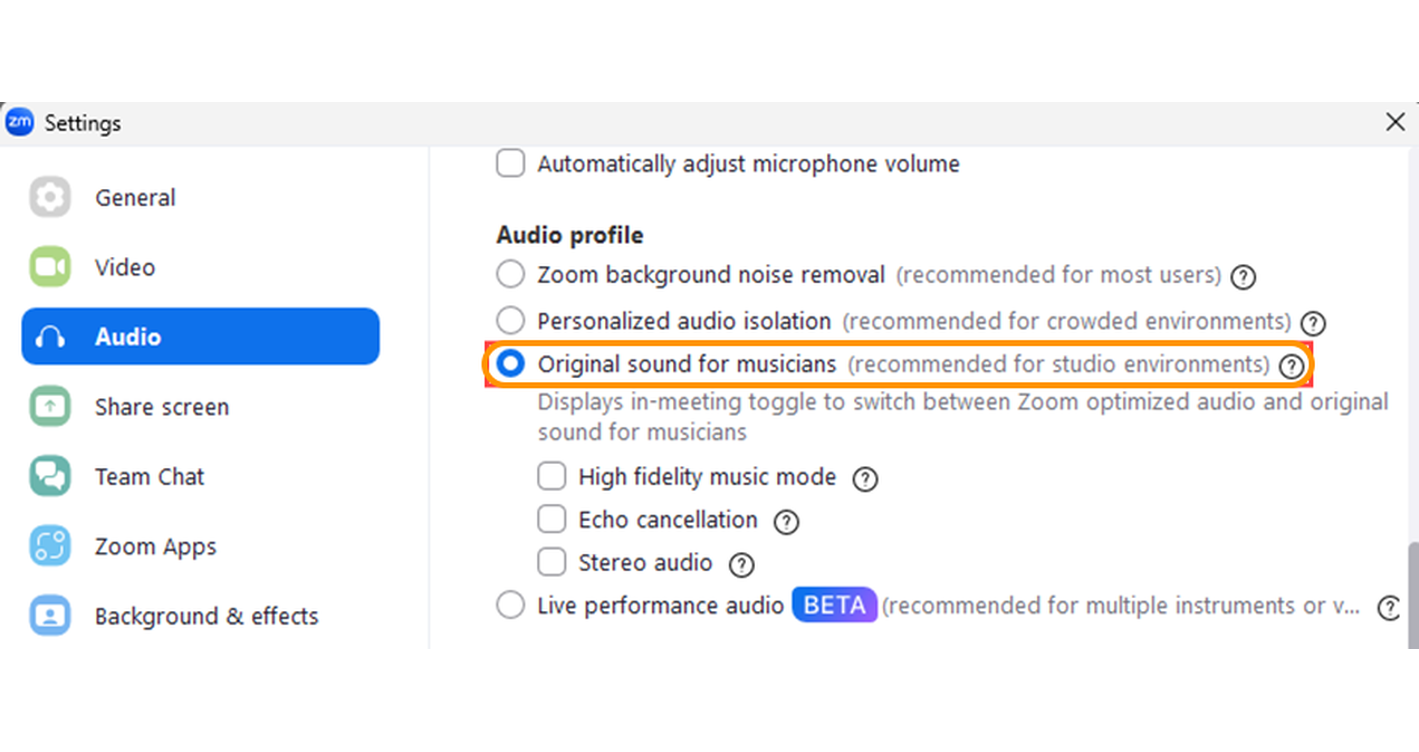 Zoom Audio profile with Original sound for musicians selected and music options disabled