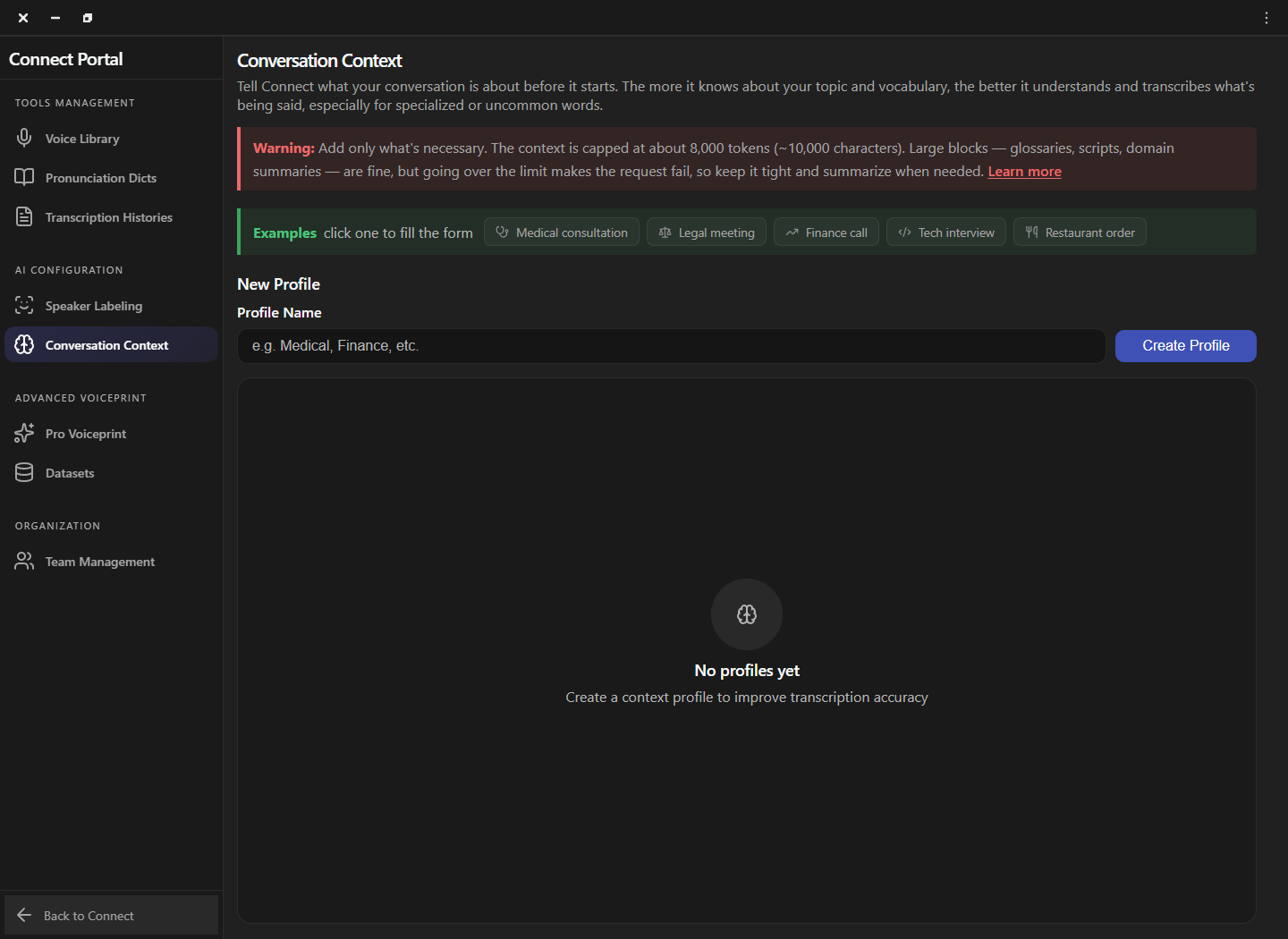 Connect Conversation Context page with warning, examples, profile name, and creation control
