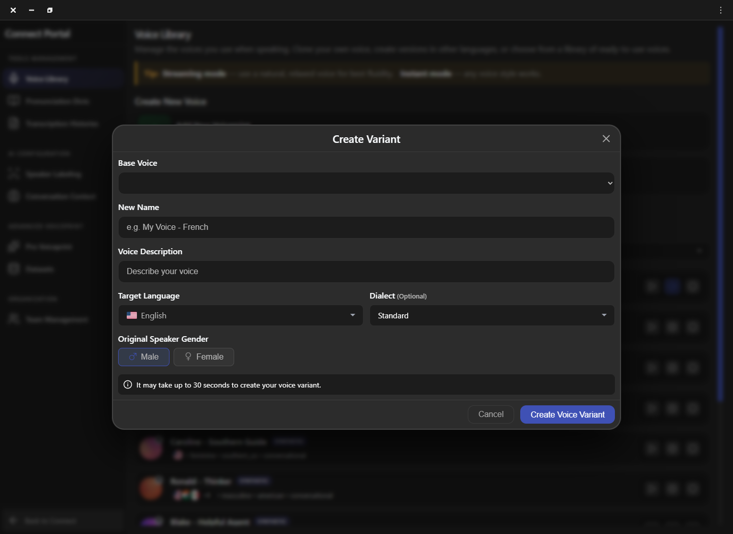Connect Create Variant dialog with base voice, name, target language, dialect, and speaker gender