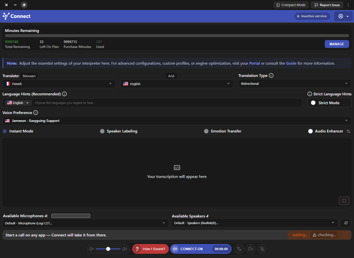 Connect workspace configured for French and English bidirectional translation