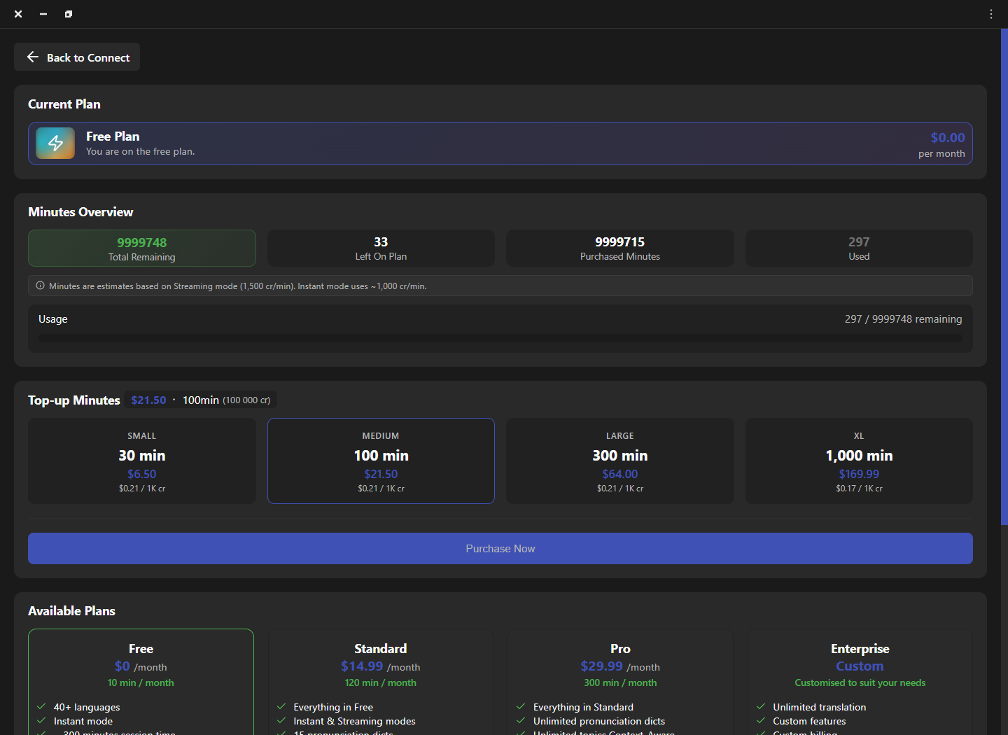 Connect Manage page showing current plan, minute balances, usage estimate, top-up options, and available plans