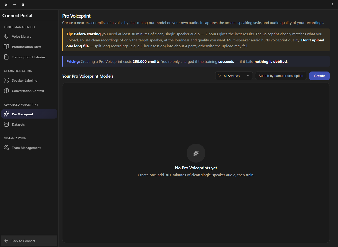 Connect Pro Voiceprint page showing recording guidance, pricing notice, filters, and creation control