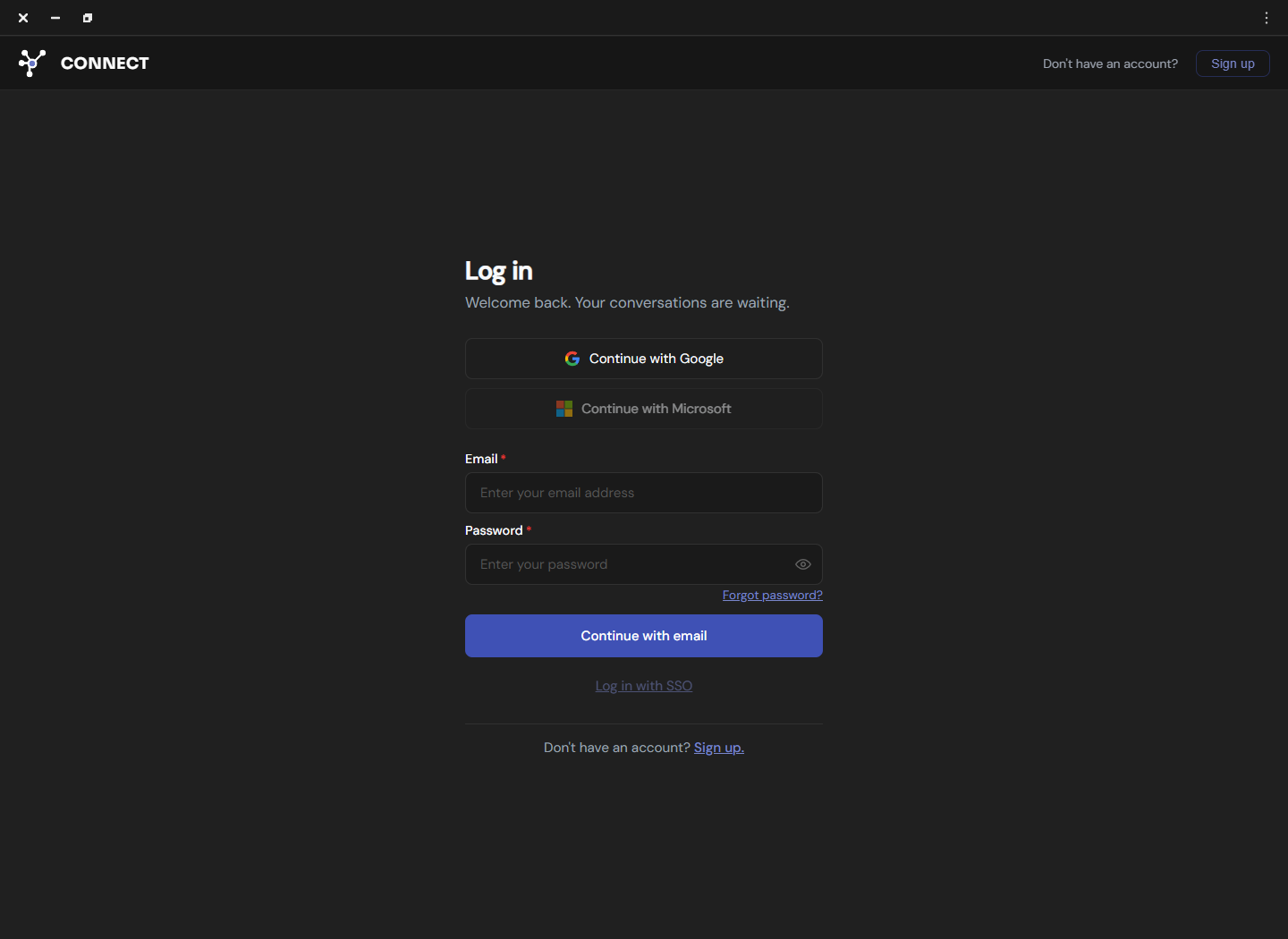 Connect sign-in screen with Google, Microsoft, email, password, and SSO options
