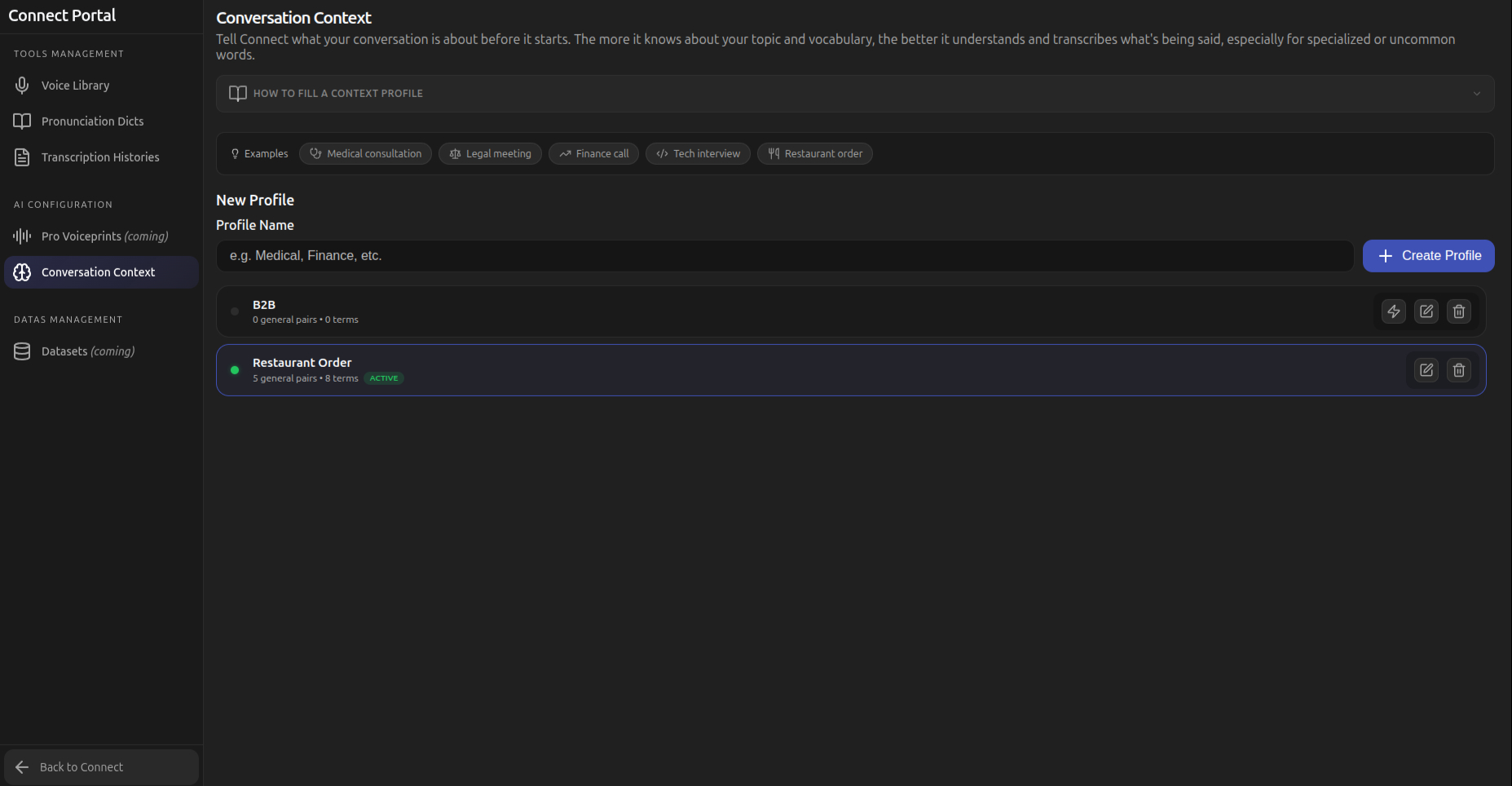 Conversation context list with the activate control for selecting the active profile