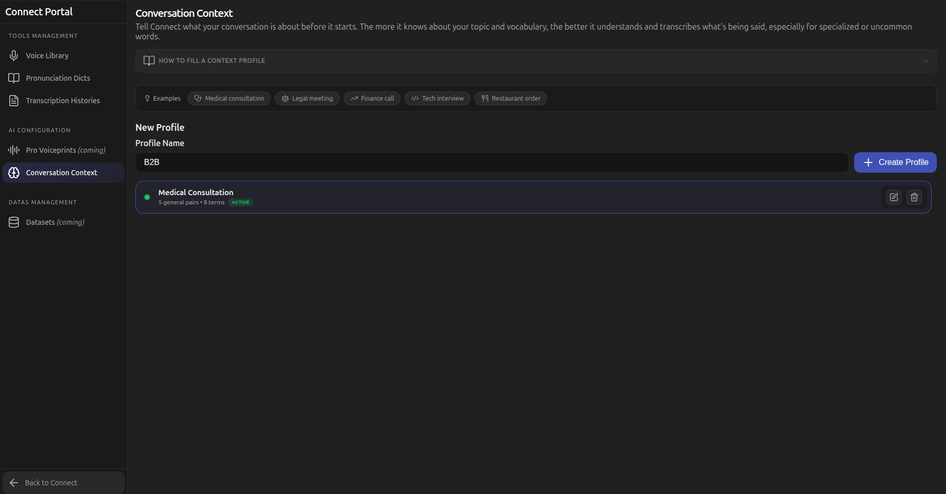 Conversation context profile name field used to name a new profile