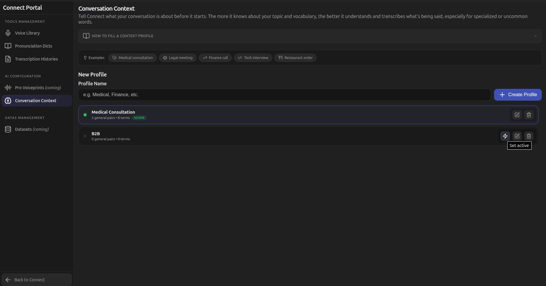 Conversation Context screen with examples, profile list and activate button