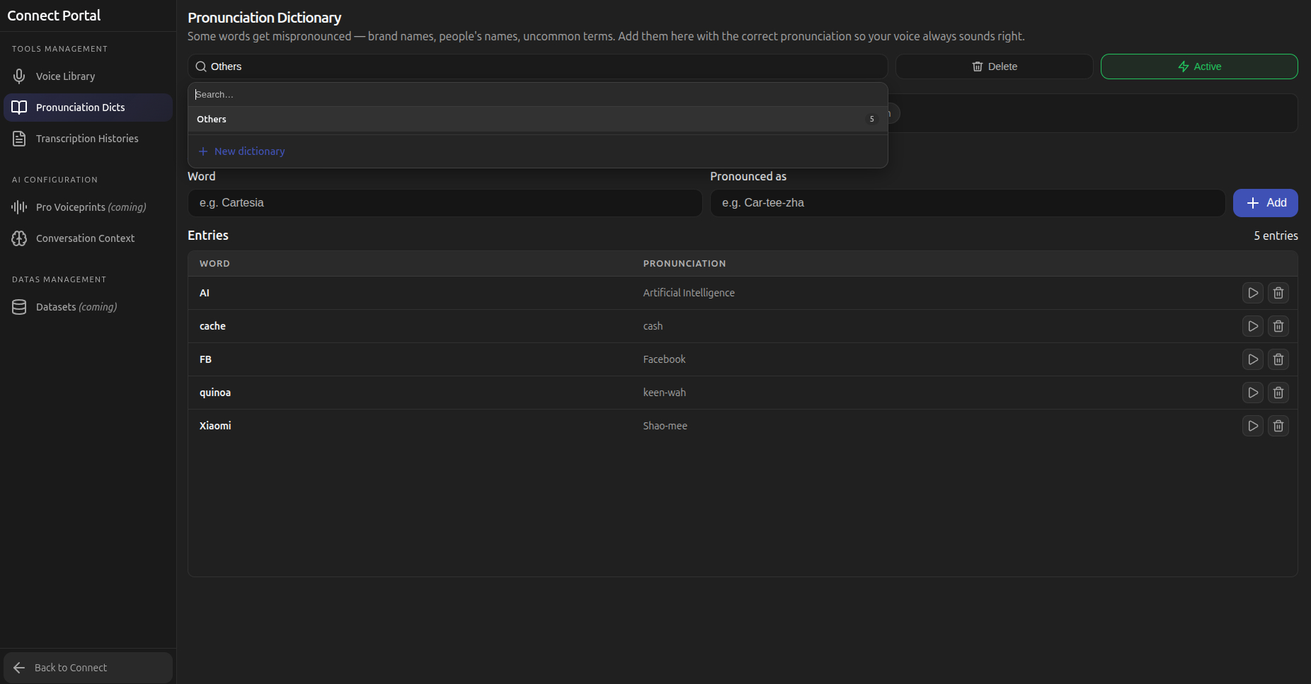 Pronunciation Dictionary screen with a New dictionary option