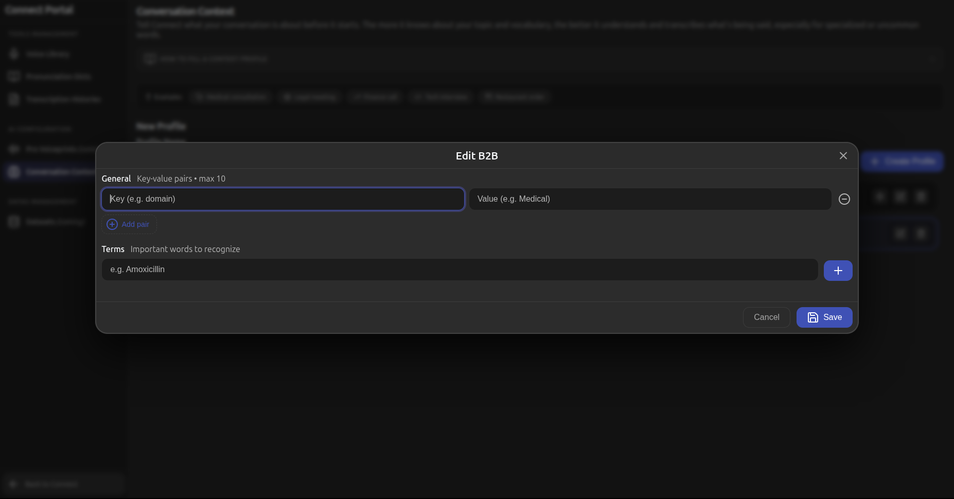 Edit context profile screen where specialized vocabulary and language pairs can be added