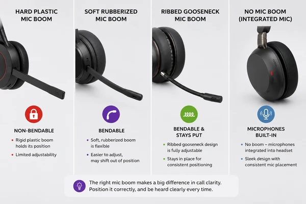 Comparison of hard plastic, soft rubberized, ribbed gooseneck, and integrated headset microphone designs