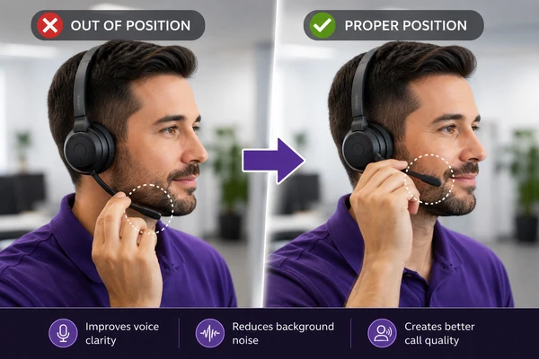 Comparison between a microphone held below the chin and a properly positioned boom microphone beside the corner of the mouth